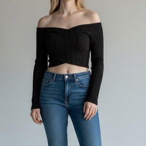 Blue Blush Black Off-Shoulder Ribbed Blouse